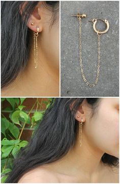 three pictures of the same ear chain and one with a cross hanging from it's side