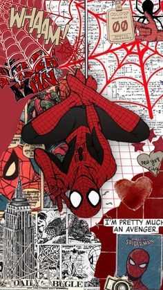 a spiderman collage with many different things on it's face and hands