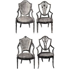 four chairs are shown in black and white, with one chair upholstered to the side