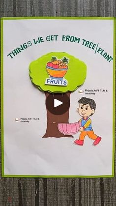 an advertisement for fruit is displayed on a wooden fence with the words, things we get from tree i am