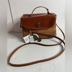 Nwt Made In Vietnam Genuine Leather Hand Crafted Top Handle Wicker Shoulder Bag 9”X6”X6” Casual Brown Satchel With Detachable Strap, Brown Leather Shoulder Bag For Vacation, Classic Brown Shoulder Bag For Summer, Casual Cognac Rectangular Shoulder Bag, Leather Satchel For Vacation, Brown Leather Trim Shoulder Bag For Vacation, Casual Brown Satchel With Top Carry Handle, Casual Brown Top Handle Satchel, Casual Cognac Crossbody Satchel