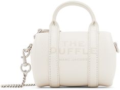 Grained leather shoulder bag in off-white. · Twin rolled carry handles · Detachable curb chain crossbody strap · Logo and text embossed at face · Logo patch at back face · Zip closure · Logo-engraved silver-tone hardware · H3 x W4.5 x D3 Supplier color: Cotton/Silver Arm Candies, Cc Clothes, Face Logo, White Purses, Fancy Bags, Pretty Bags, Birthday Wishlist, Silver Engraving, Baddie Outfits Casual