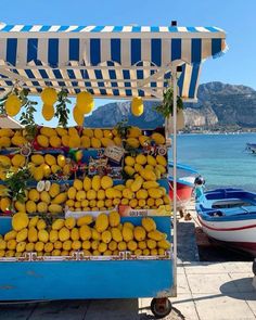 a fruit stand with lemons and oranges for sale