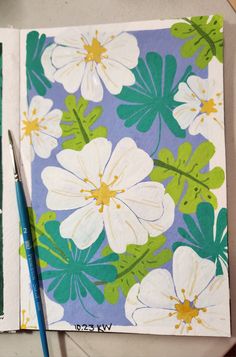 Sketchbook illustration and painting.  Big white illustrated flowers with yellow stamens are surrounded by tropical leaves. This pattern is set against a blue purple background  and was painted with gouache paint Gouache Illustrations Simple, Simple Gouache, Gouache Florals, Tropical Leaves Illustration, Gouache Flowers, Sketchbook Doodles, Gouache Illustration, Watercolor Supplies, Flower Drawings