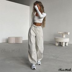 Olivia Mark - High-Waisted Drawstring Straight Leg Minimalist Workwear Pants Street Solid Color Casual Long Trousers High Waist Solid Color Bottoms For Streetwear, Non-stretch Solid Bottoms For Streetwear, High Waist Stretch Solid Cargo Pants, Stretch High Waist Cargo Pants, Spring Streetwear Solid Color Bottoms, White Stretch High Waist Cargo Pants, High Waist Beige Sweatpants For Spring, Joggers Streetwear, Baggy Pants Women