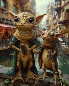 two statues of baby yoda and an alien holding hands in front of a canal