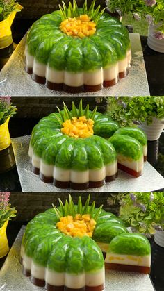 three pictures of different cakes with green frosting and flowers on top, one is decorated in the shape of a cactus