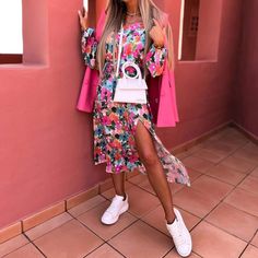 Chic Long-sleeved Pattern Split Dress Midi Dress Chic, Flower Print Dress, Maximalism, Split Dress, Midi Dress Casual, Puffed Sleeves Dress, Casual Lace, Loose Dress, Party Dresses For Women