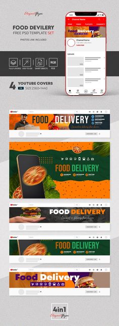 an image of food delivery banners with the text'food delivery'in red, white and green