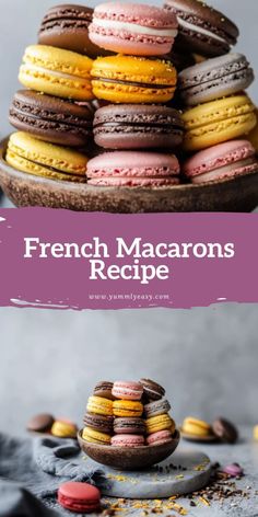 french macarons are stacked on top of each other with the title overlay