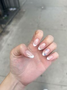 Evil eye, french tips Greece Nail Inspo Almond, Evil Eye French Tip Nails, Nails With Evil Eye, Evil Eye Nails, Girly Acrylic, Back To School Nails