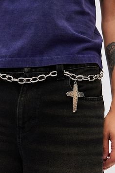 Metal linked chain belt with a cross pendant accent. Includes a clasp closure. Features Cross chain belt Linked chain Cross pendant Clasp closure Content + Care Mixed metals Wipe clean Imported | Cross Chain Belt in Silver, Men's at Urban Outfitters Belt Chain, Cross Chain, Victorian Clothing, Chain Belt, A Cross, Mixed Metals, Goth Fashion, Cross Pendant, Urban Outfitters