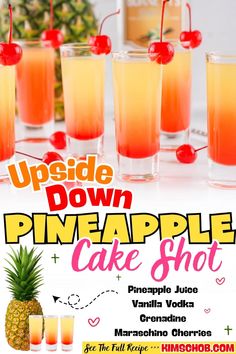 upside down pineapple cake shot recipe with pineapple juice, vanilla vodka and cranberry punch