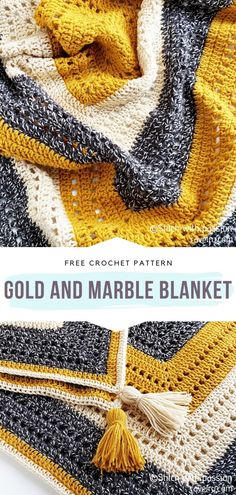 a crocheted blanket with the text, free crochet pattern gold and marble blanket