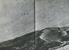 an old black and white photo of people surfing in the ocean with waves crashing on them