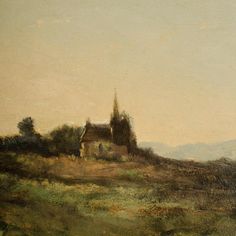 an oil painting of a church on a hill