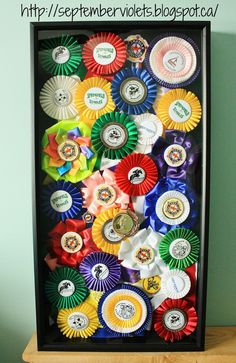 a display case filled with lots of different colored ribbons and badges on top of a wooden table