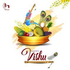 happy visshu greeting card with peacocks, pineapples and other fruits in a bowl