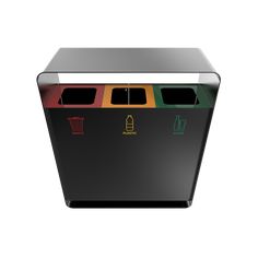 a black trash can with four different colored bins on the front and bottom sides