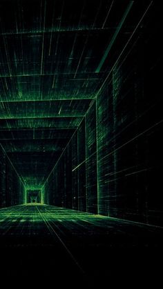 an image of a dark tunnel with green lights