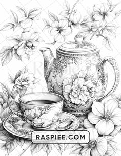 a black and white drawing of a teapot with flowers on it, next to a cup