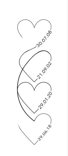 two hearts with the names of each couple on them, in black and white ink