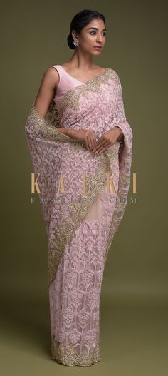 Buy Online from the link below. We ship worldwide (Free Shipping over US$100)  Click Anywhere to Tag Beige Saree In Net Adorned With Pink Thread Embroidered Floral Heritage Pattern Online - Kalki Fashion Beige saree in net adorned with pink thread embroidered floral heritage pattern along with kundan and pearls.Border enhanced with zardozi and sequins embroidery in scallop cut pattern. Zardozi Embroidery Saree, Zardozi Embroidery, Embroidery Saree, Indian Weddings