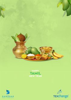 an advertisement for tamml new year with fruits and vegetables on a platter in front of a green background