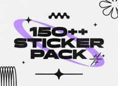 the logo for 150 + sticker pack is shown in black and purple on a white background