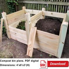 a wooden garden bed with plants growing out of the top and bottom sides, along with compost bins