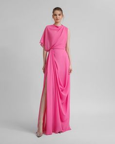 Asymmetrical Chiffon Dress, Dress With Draping, Side Dress, Black Drapes, Unique Prom Dresses, Chiffon Evening Dresses, Powder Pink, Chiffon Dress, Pink Dress