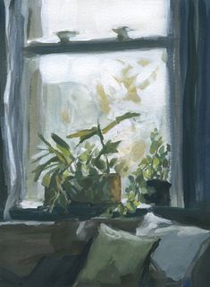 a painting of a window sill with a plant in the foreground and a chair on the far side