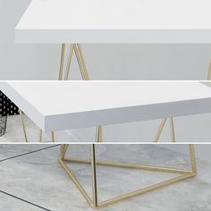 three different views of a white table with gold legs