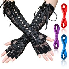 PRICES MAY VARY. 【Lace Up Fingerless Gloves Set】1x high quality women lace up black gloves and 4x different color ribbons (black+blue+red+purple). Four ribbons of different colors can be matched by yourself to meet your preference. Gloves are in fingerless design, it looks pretty elegant, fit cut highlights your slender fingers and glossy skin. The finger less style make fingers more slender and don't need take gloves off when you want to take things or use phone. 【Stylish Design】The back is equ Slender Fingers, Punk Corset, Steampunk Gloves, Punk Costume, Black Fingerless Gloves, Glossy Skin, Elbow Gloves, Goth Style, Black Gloves