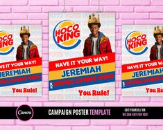 two posters with the same character on them, one is wearing a crown and the other has