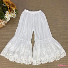 Qteee - Stylish Wide-Leg Pants with Embroidered Hollow Design and Elastic Waist Casual Embroidered Hem Bottoms For Summer, Casual Summer Bottoms With Embroidered Hem, Non-stretch Embroidered Casual Bottoms, Casual Cotton Bottoms With Floral Embroidery, Summer Cotton Bottoms With Embroidered Hem, Casual Wide-leg Pants With Floral Embroidery, Casual Non-stretch Embroidered Bottoms, Casual Embroidered Wide-leg Pants, White Cotton Bottoms With Embroidered Hem