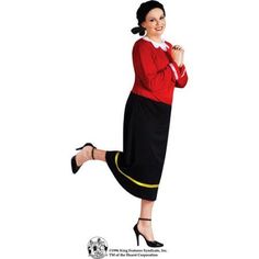 a woman in a red sweater and black skirt posing for the camera with her legs crossed