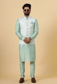 Important Instrucitons : We request you to kindly calculate the processing time of your order  after the mutual confirmation on Bespoke measurements between us has taken place (either via message , e mail or form) "Crafted with Passion in India; loved by men across the USA, Canada, Europe" Product Specifications : Material: Thread Embroidered Silk Color: Mint Green Jacket with Sea Green Kurta Payjama Collar type: Mandarin Jawahar Jacket With 6 Buttons in Front Package contents: 1 Half Jodhpuri J Green Chanderi Nehru Jacket Straight Kurta, Green Chanderi Nehru Jacket In Straight Kurta Style, Designer Chanderi Nehru Jacket Semi-stitched, Designer Wear Semi-stitched Chanderi Nehru Jacket, Designer Chanderi Semi-stitched Nehru Jacket, Pista Green Chanderi Bandhgala For Eid, Festive Embroidered Pista Green Nehru Jacket, Navratri Bandhgala With Chikankari Embroidery In Art Silk, Chanderi Nehru Jacket With Zari Work For Eid