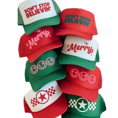 Don't Stop Believin' Trucker Hat Spreading the Holiday Cheer! This his or hers trucker is part of our Holiday Collection. Cute and perfect for all your Holiday events. So light, medium profile and a perfect addition to your growing hat collection. 5 Panel Foam Mesh Back Trucker, Pro Style Adult Sizing 100% Poly Foam Front, 100% Nylon Back Christmas Trucker Hat Ideas, Christmas Trucker Hat, Hat Bar, Southern California Beaches, Dont Stop Believin, Custom Trucker Hats, Holiday Events, Hat Design, Hat Ideas