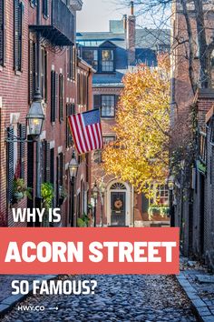 an american flag flying in the air over a cobblestone street with brick buildings