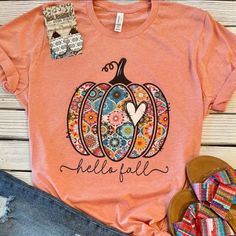 "Hello Fall" Tshirt Printed On Bella Canvas Cute Multicolor Fall T-shirt, Bohemian Thanksgiving, Homemade T Shirts, Yellowstone T Shirts, Fall Tshirt, Sunset Orange, Autumn T Shirts, Pumpkin Colors, Camo Shirts