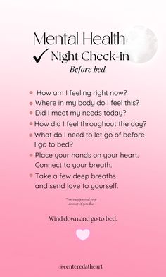 Try using these mental health check in questions in your night routine before you go to bed. Checking in with your mental health and mental wellness is important! You deserve to take care of your needs! <3 Mental health tips. Mental Wellness tips. Mental Wellbeing Activities, Mental Wellness Tips, Mental Health Habits, Mentally Checked Out, Mental Health Check In, Check In Questions, Exercise And Mental Health, Mental Health Inspiration, Metal Health