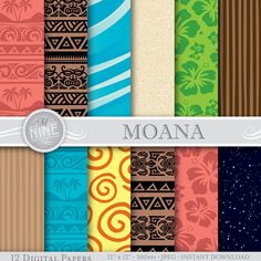 a set of 12 digital paper designs with different patterns and colors, including the word moan