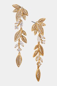 Lightweight and easy to wear, these exquisite leaf-shaped linear earrings add a touch of effortless elegance to any ensemble with sparkling cubic zirconia accents. Rhodium Jewelry, Linear Earrings, Jewellery Design Sketches, Jewelry Illustration, Gold Leaf Earrings, Luxury Earrings, Floral Pendant, Leaf Jewelry, Jewelry Lookbook