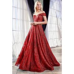 This Formal Gown Features A Beautiful Glitter Pattern Covering The Dress, Sweetheart Neckline With Off Shoulder Detailing, A-Line Figure, And Back Zipper Closure. This Dress Can Be Worn With A Hoop To Create A More Dramatic Skirt. Dresses For Homecoming, Indowestern Gowns, Red Ball Gowns, Baju Kahwin, Sparkle Gown, Long A Line Skirt, Cinderella Divine, Prom Ball Gown, Wedding Reception Dress