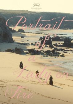 a movie poster for the film portrait of a lady on fire, with three people walking along the beach