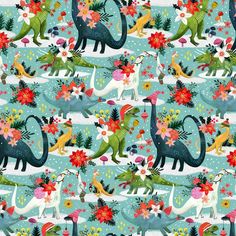 an image of dinosaurs and flowers on a blue background with white, green, red and pink