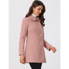 Timeless, sophisticated, and versatile, the regular-fit peacoat is an essential piece for your wardrobe. Cut in a short tailored silhouette with a doll collar, slanted pockets, and double-breasted front black buttons. Wear over chunky knitted jumpers and cute boots for a playful take on cold-weather textures. The fabric of this trench coat is soft, breathable, and comfortable to wear in winter, good quality, and chic. Elegant Single-breasted Collared Pea Coat, Solid Collared Pea Coat For Work, Fitted Collared Outerwear For Office Wear, Collared Outerwear With Button Closure For Office, Chic Collared Pea Coat, Spring Pea Coat With Stand Collar, Fitted Pea Coat With Lapel Collar, Fitted Pea Coat With Stand Collar, Elegant Office Pea Coat With Collar