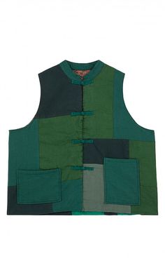 a green and black vest with patches on the front, two pockets at the back