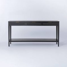 a black console table with two drawers on one side and an open drawer on the other